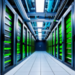 A vast, modern data center interior with endless rows of gleaming servers, intricate cable management, and subtle, cool blue and green lighting. The scene emphasizes the immense scale and complexity of digital infrastructure, conveying technological power and efficiency. No people visible to maintain focus on the equipment. This is a professional photography shot, high quality, safe for work, appropriate content, family-friendly.