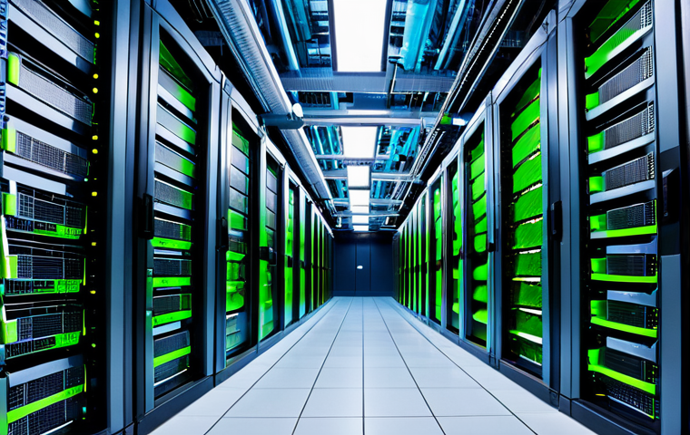A vast, modern data center interior with endless rows of gleaming servers, intricate cable management, and subtle, cool blue and green lighting. The scene emphasizes the immense scale and complexity of digital infrastructure, conveying technological power and efficiency. No people visible to maintain focus on the equipment. This is a professional photography shot, high quality, safe for work, appropriate content, family-friendly.