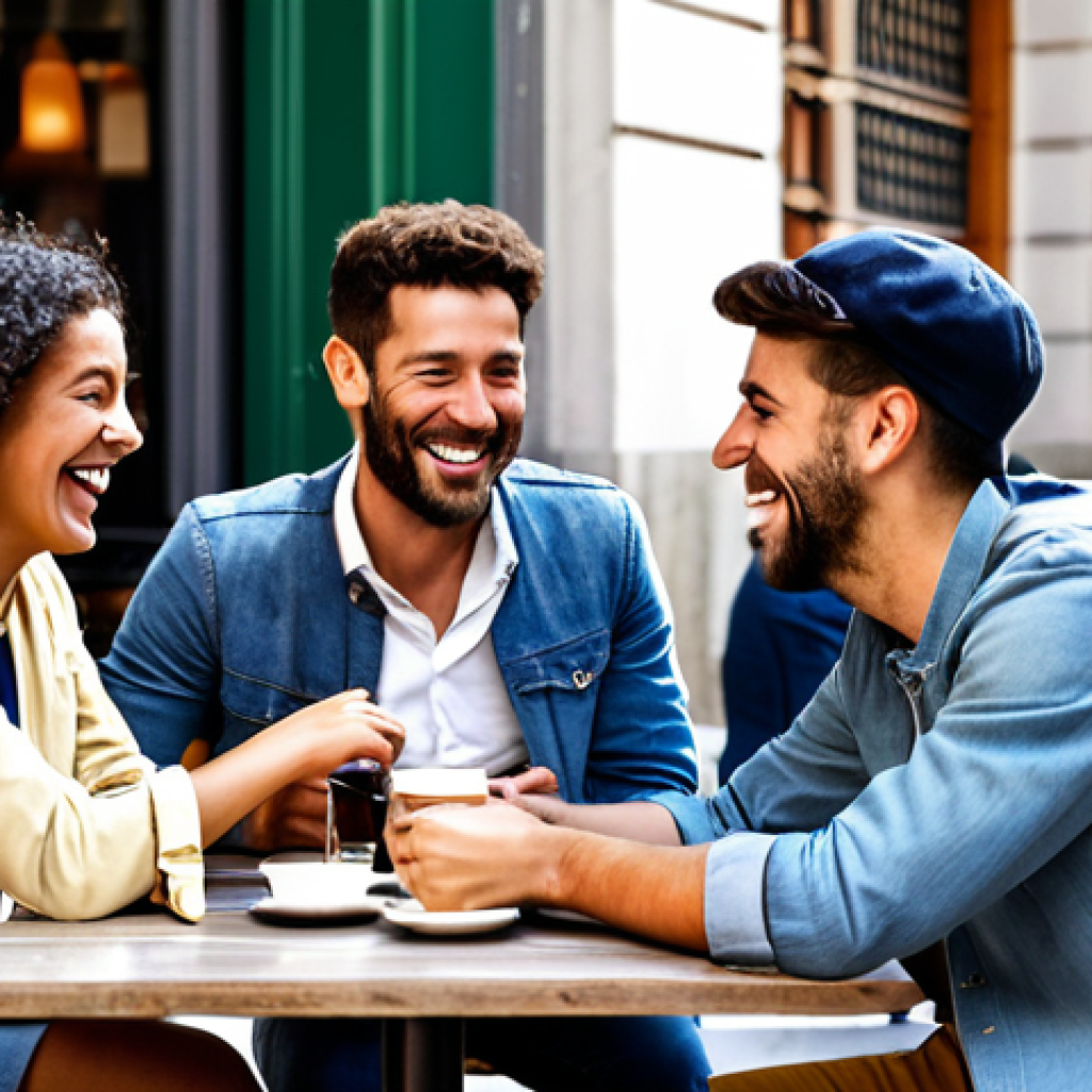 **

A group of diverse friends laughing and talking together at an outdoor cafe in Madrid. They are all fully clothed in casual, stylish clothing appropriate for a sunny afternoon. The cafe is bustling with activity, with people enjoying coffee and tapas. Focus on capturing a joyful and convivial atmosphere. safe for work, appropriate content, fully clothed, family-friendly, perfect anatomy, natural proportions, professional photography, high quality.

**