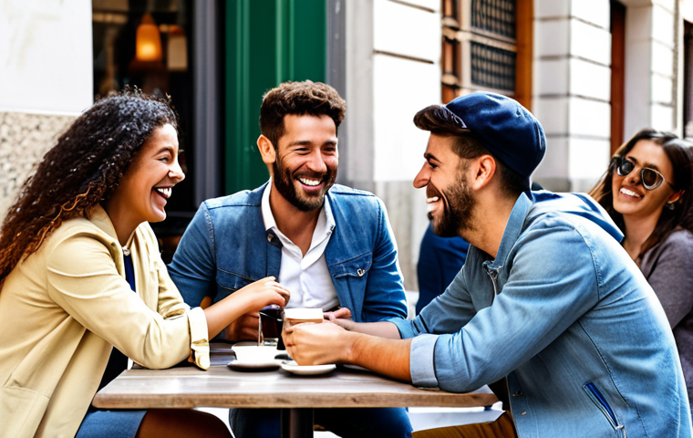 **

A group of diverse friends laughing and talking together at an outdoor cafe in Madrid. They are all fully clothed in casual, stylish clothing appropriate for a sunny afternoon. The cafe is bustling with activity, with people enjoying coffee and tapas. Focus on capturing a joyful and convivial atmosphere. safe for work, appropriate content, fully clothed, family-friendly, perfect anatomy, natural proportions, professional photography, high quality.

**
