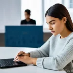 디지털 환경에서의 안전한 금융 거래 - **Digital Fortress: Device Protection and Updates**
    A focused young woman (20s-30s) wearing a co...