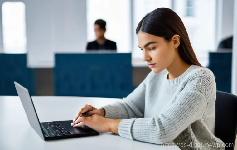 디지털 환경에서의 안전한 금융 거래 - **Digital Fortress: Device Protection and Updates**
    A focused young woman (20s-30s) wearing a co...