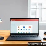 디지털 기기 관리의 중요성과 방법 - A modern home office setup in a bright room with a Spanish flag on the wall, featuring a sleek lapto...