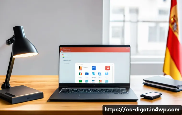 디지털 기기 관리의 중요성과 방법 - A modern home office setup in a bright room with a Spanish flag on the wall, featuring a sleek lapto...