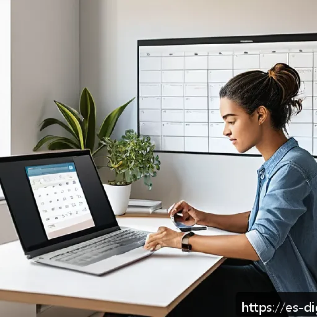 디지털 현명함을 위한 행동 계획 수립 - A modern home office setting with a young professional using a laptop and smartphone simultaneously,...