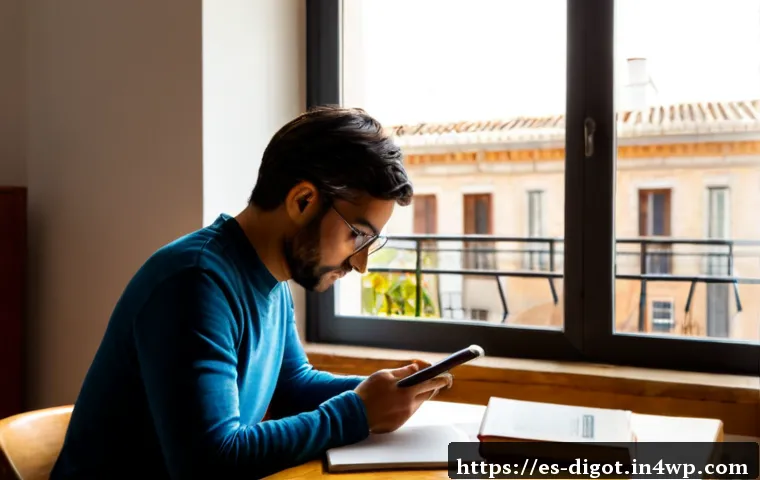 디지털 현명함 향상을 위한 독서 목록 - Photorealistic editorial lifestyle scene of a Spanish-speaking adult thoughtfully selecting from a s...
